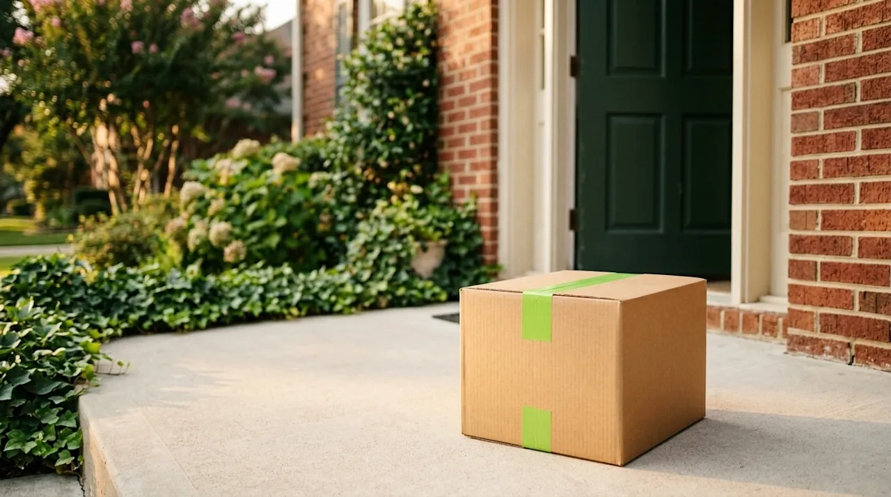 Professional marketing photography of the front porch of a charming, classic brick suburban home in Texas during warm golden
