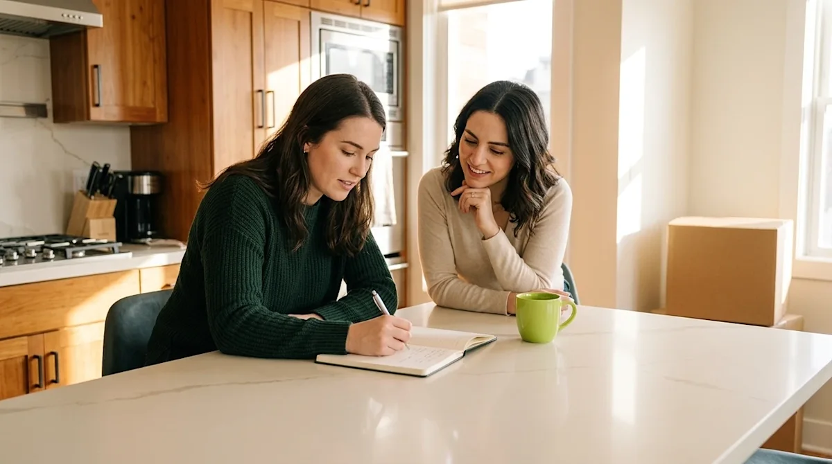 Professional marketing photography of two young adult roommates sitting together at a bright, warm apartment kitchen island,