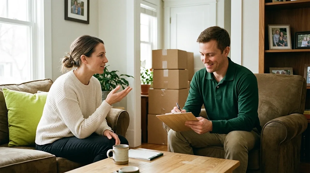 Candid 35mm film photography of a friendly consultation between a homeowner and a professional mover in a warmly lit resident