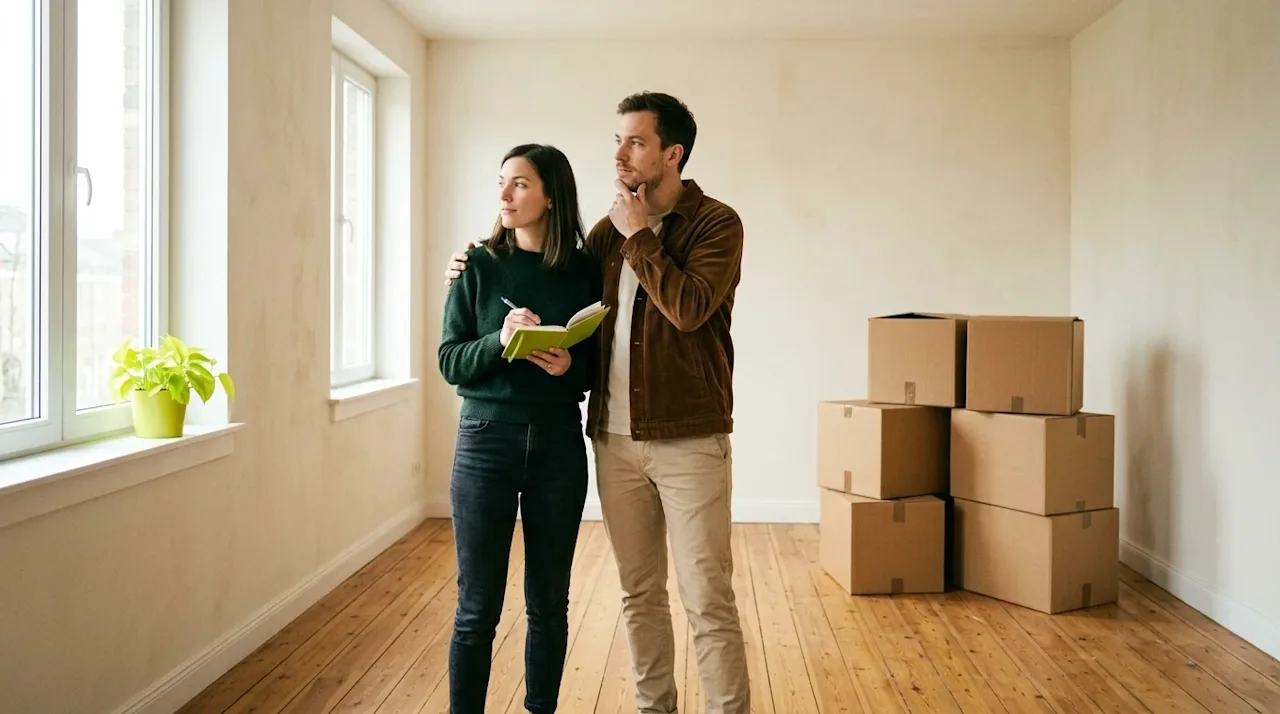 Candid, documentary-style lifestyle photography of a thoughtful young couple standing in the sunlit, empty living space of a