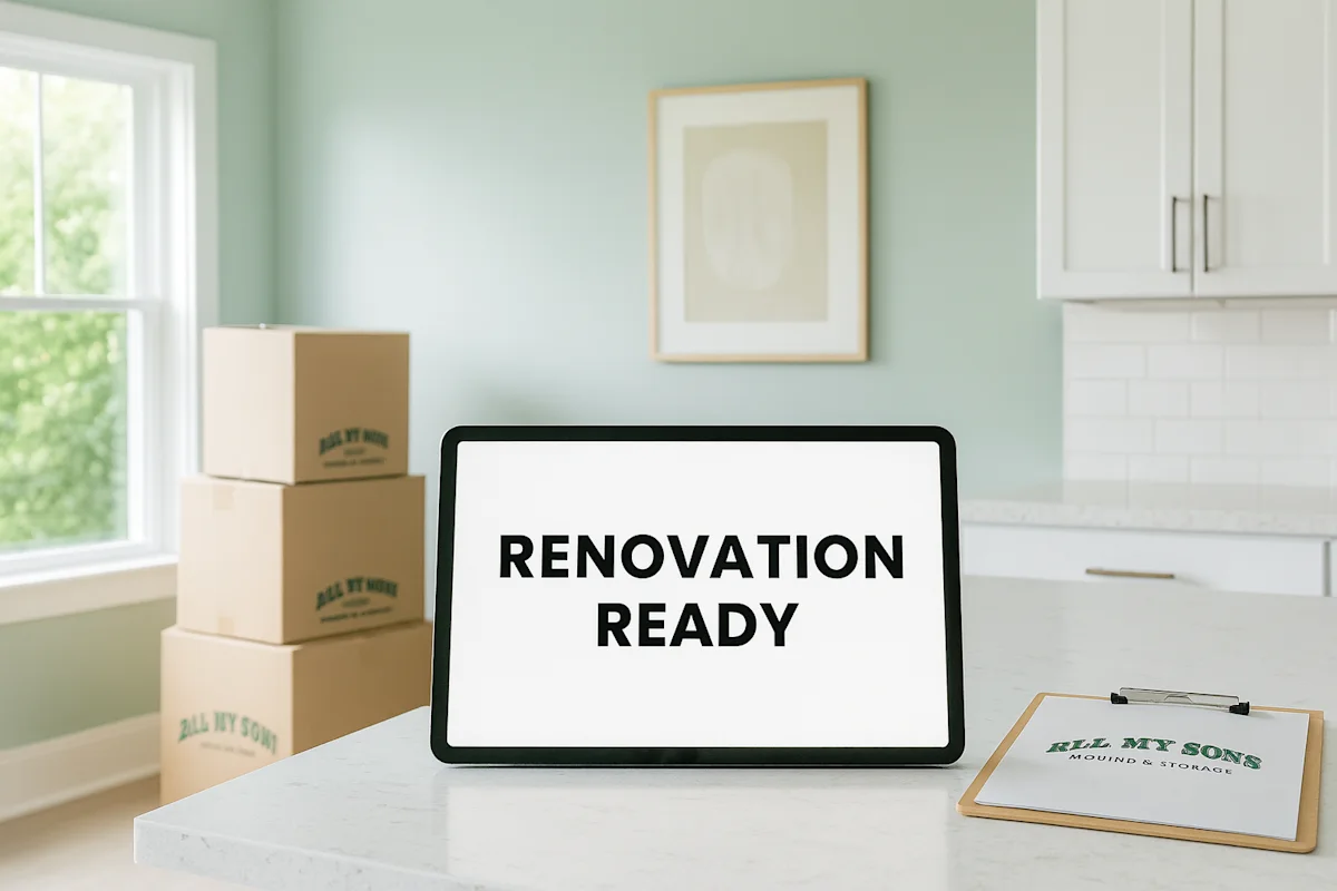 Tablet says 'RENOVATION READY' with All My Sons boxes & logo. Our professional movers offer trusted packing & storage for your stress-free renovation.