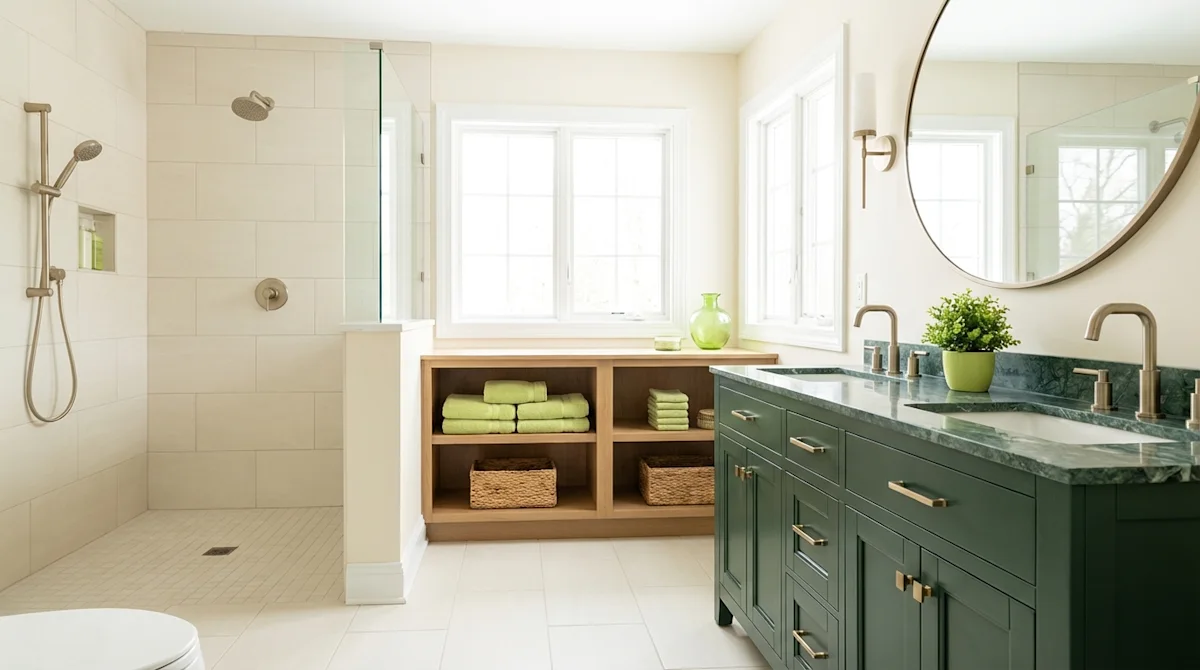 Modern renovated bathroom featuring a deep forest green vanity, cream tiling, and lime green accents in bright natural light.