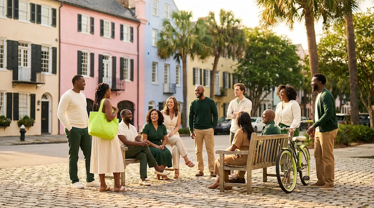 Diverse neighbors chatting on cobblestone streets in front of Charleston's Rainbow Row houses.
