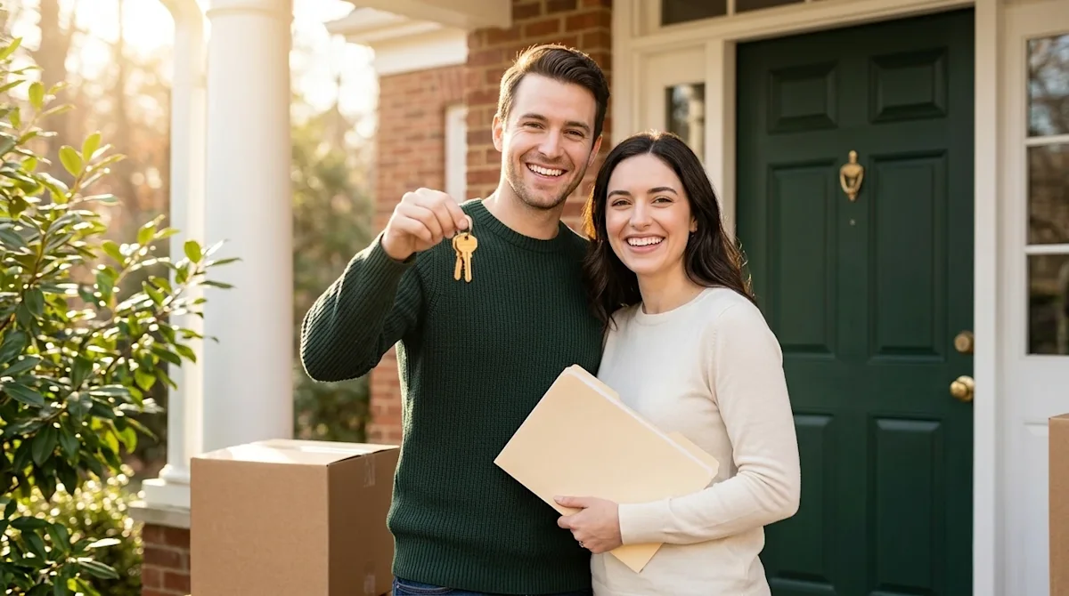 Professional marketing photography of a joyful young couple standing on the front porch of their newly purchased home, celebr