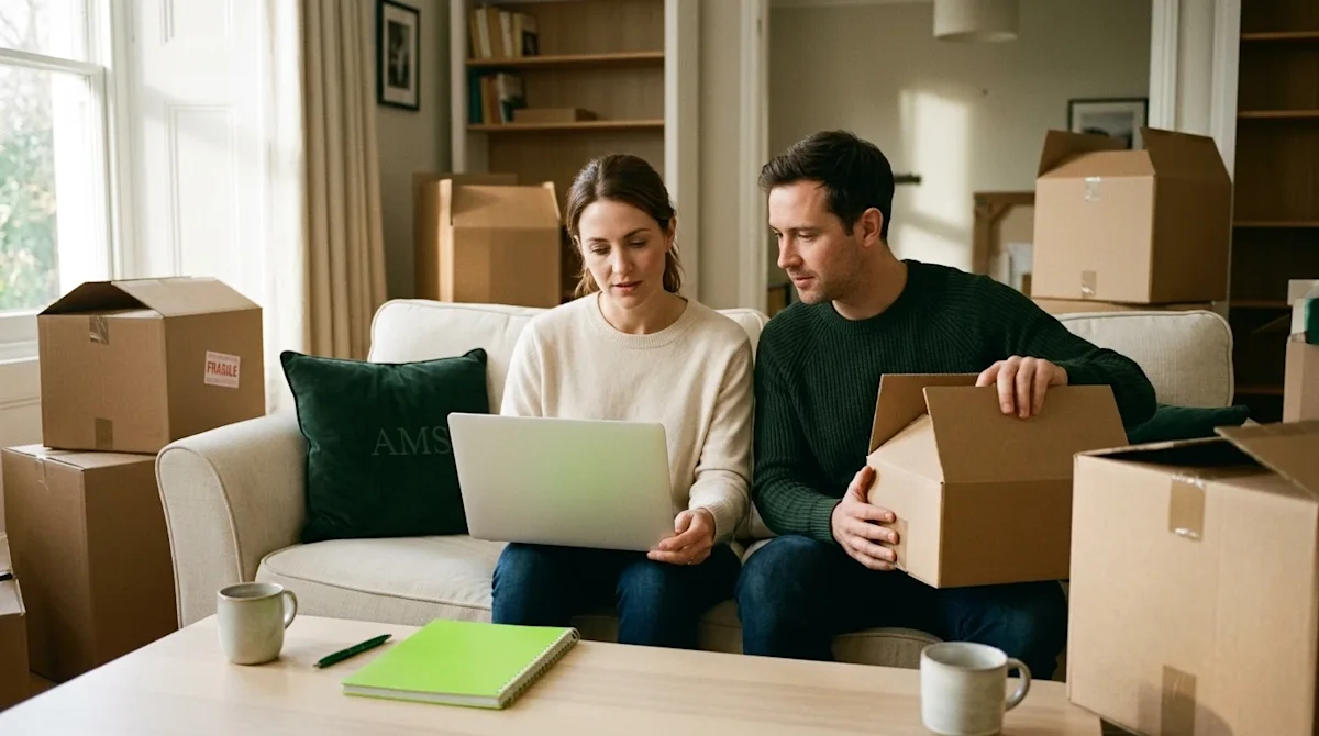 Authentic lifestyle photography of a professional couple in a partially packed living room, actively planning a job relocatio
