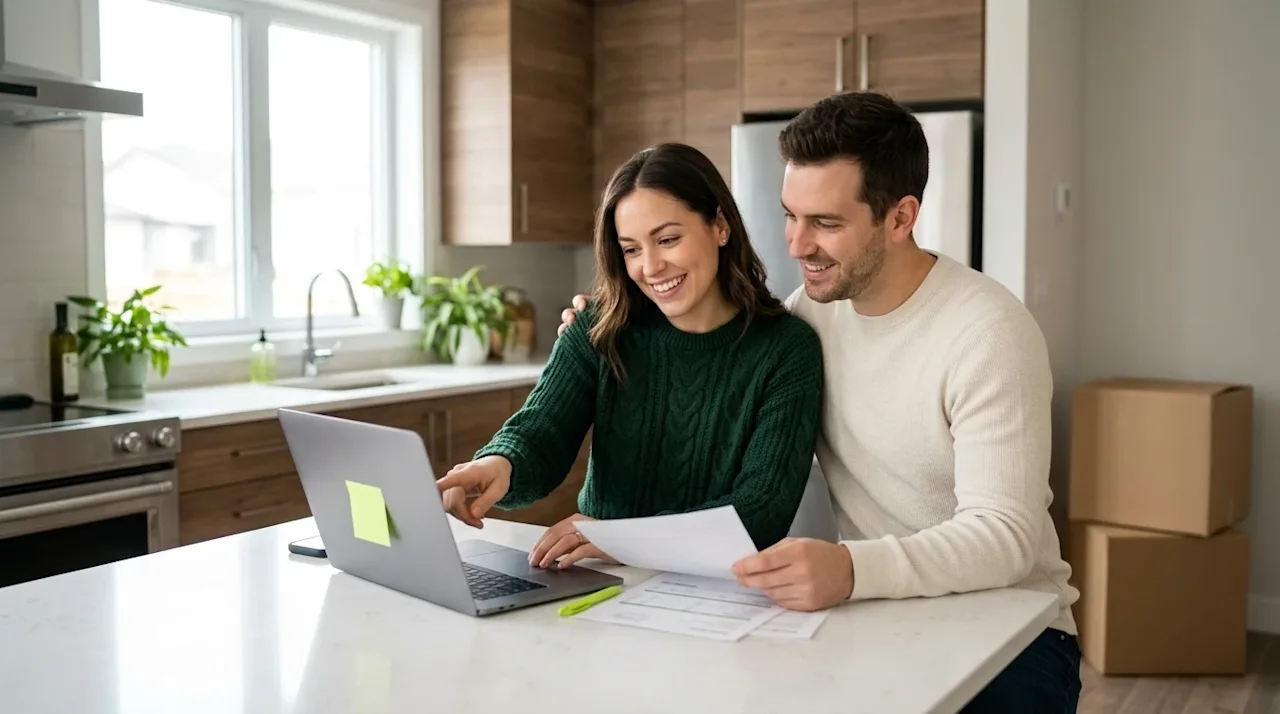 A professional, candid marketing photograph of a happy couple sitting at a modern kitchen island in their new home, smiling a