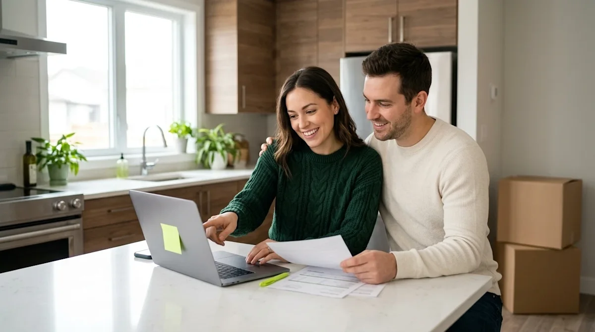 A professional, candid marketing photograph of a happy couple sitting at a modern kitchen island in their new home, smiling a
