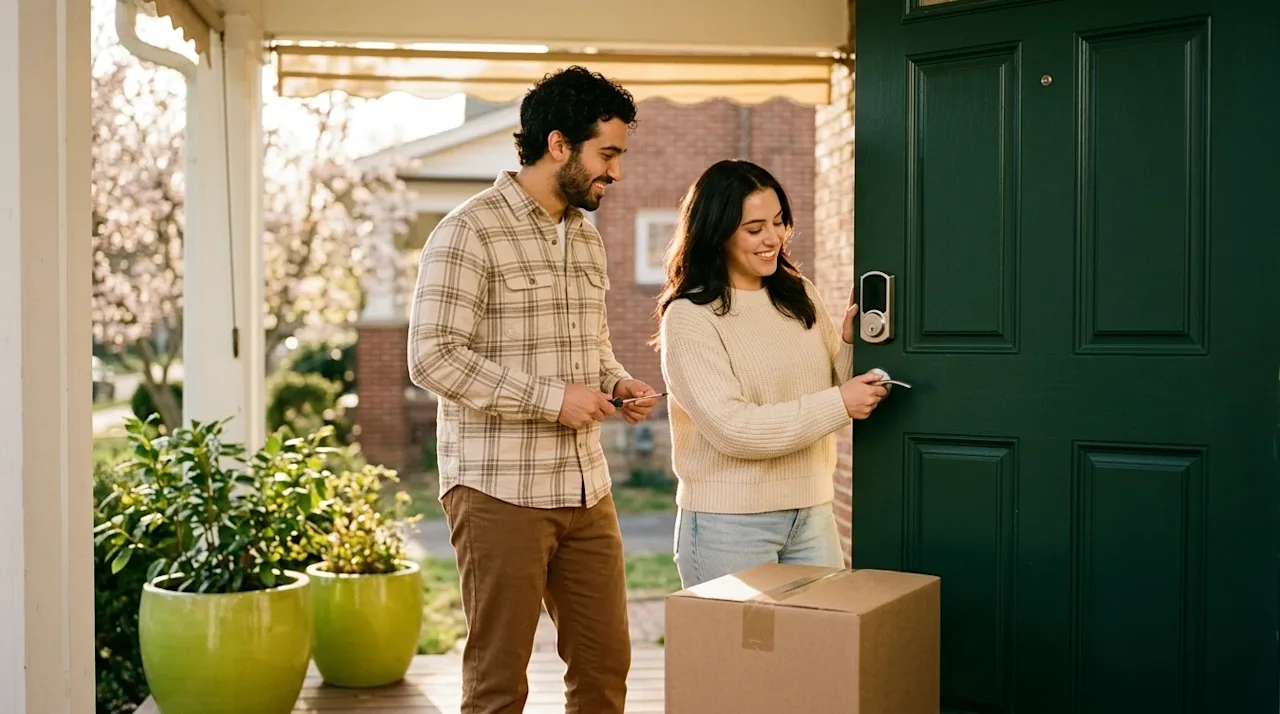 Professional marketing photography, lifestyle aesthetic, shot on 35mm film with warm, nostalgic lighting. A happy couple stan