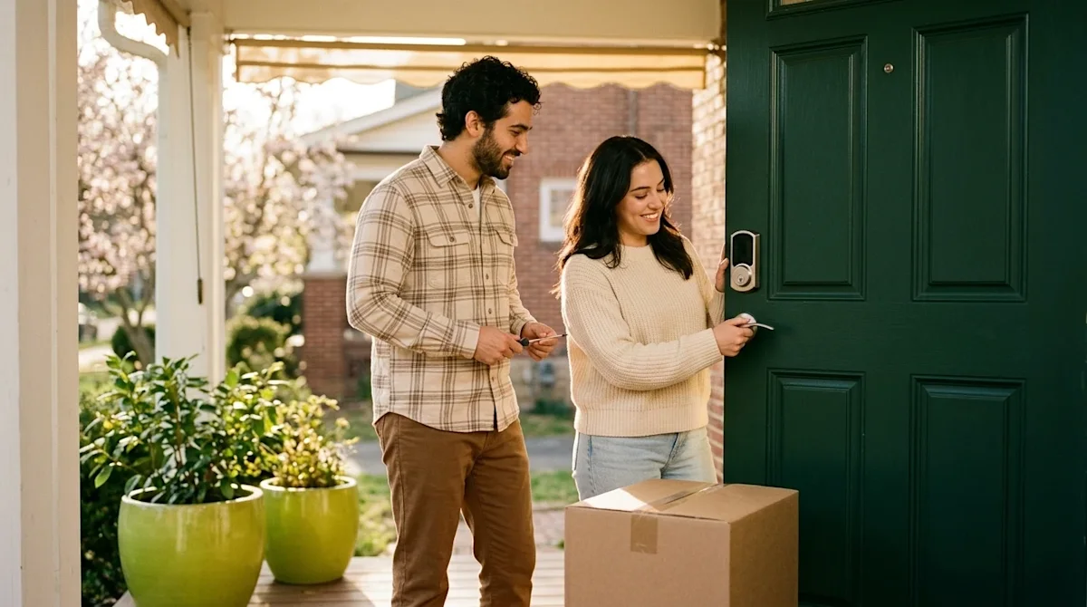 Professional marketing photography, lifestyle aesthetic, shot on 35mm film with warm, nostalgic lighting. A happy couple stan