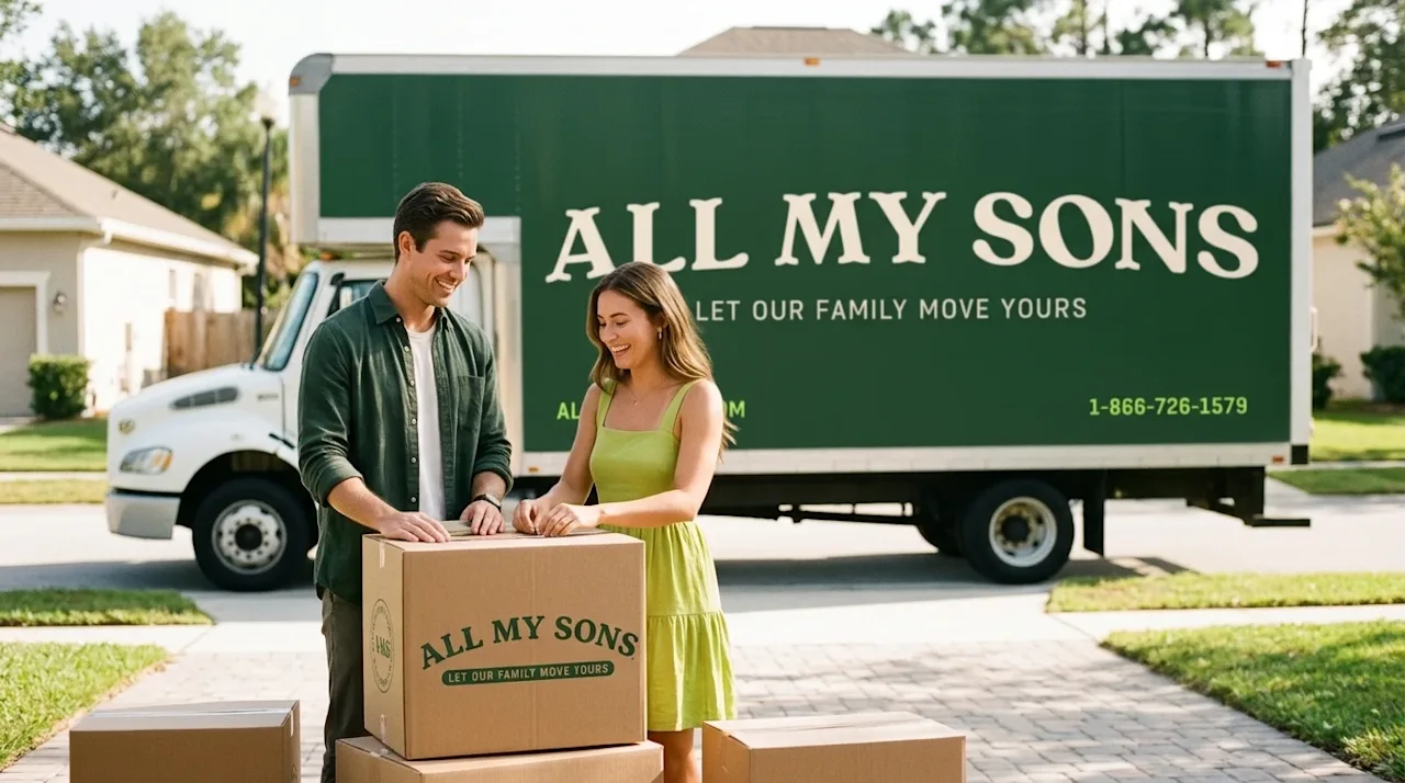 A candid, high-quality lifestyle photograph capturing a stress-free moving day in a sunny residential neighborhood in Jackson