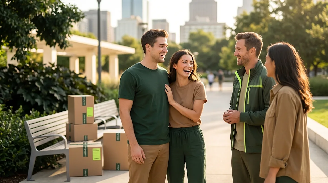 Smiling couple meeting friendly neighbors in a sunny park with moving boxes nearby during a relocation.