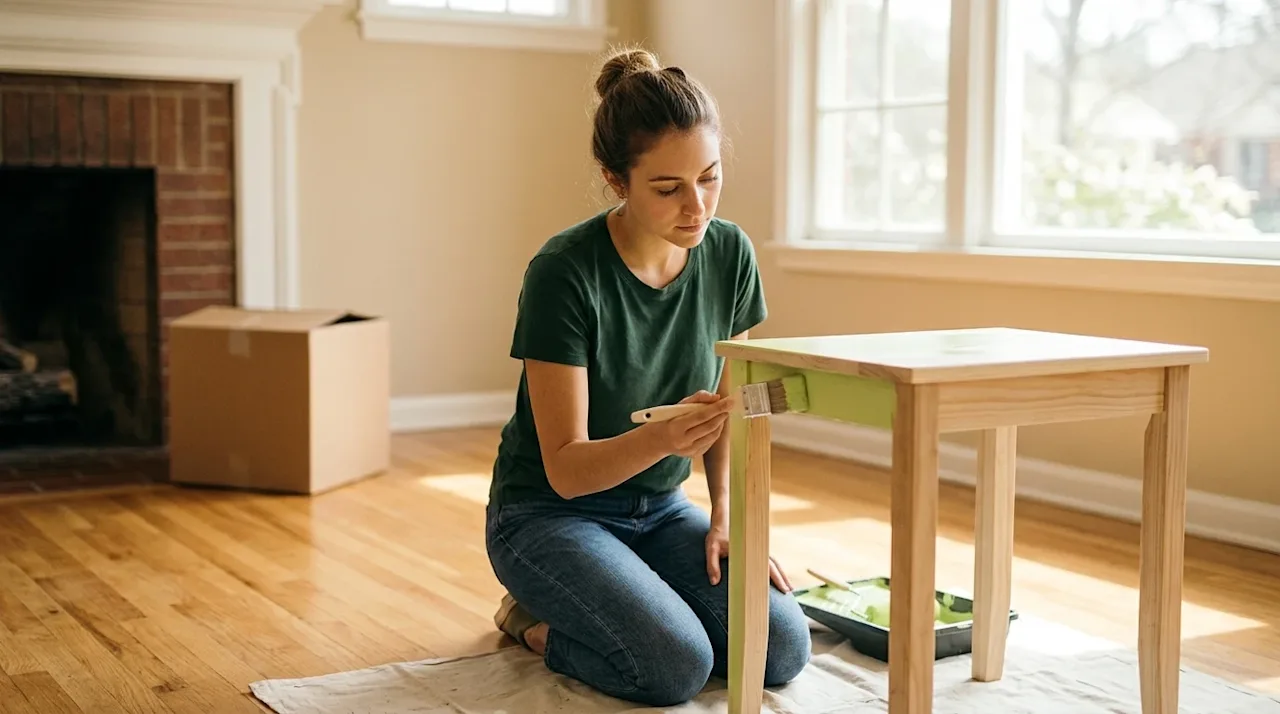 Professional marketing photography of a focused young woman in a dark forest green t-shirt working on a DIY home improvement
