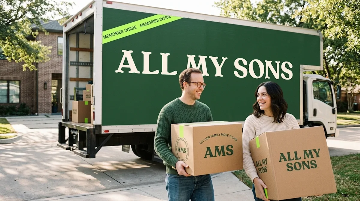An All My Sons moving truck parked behind a couple carrying moving boxes.