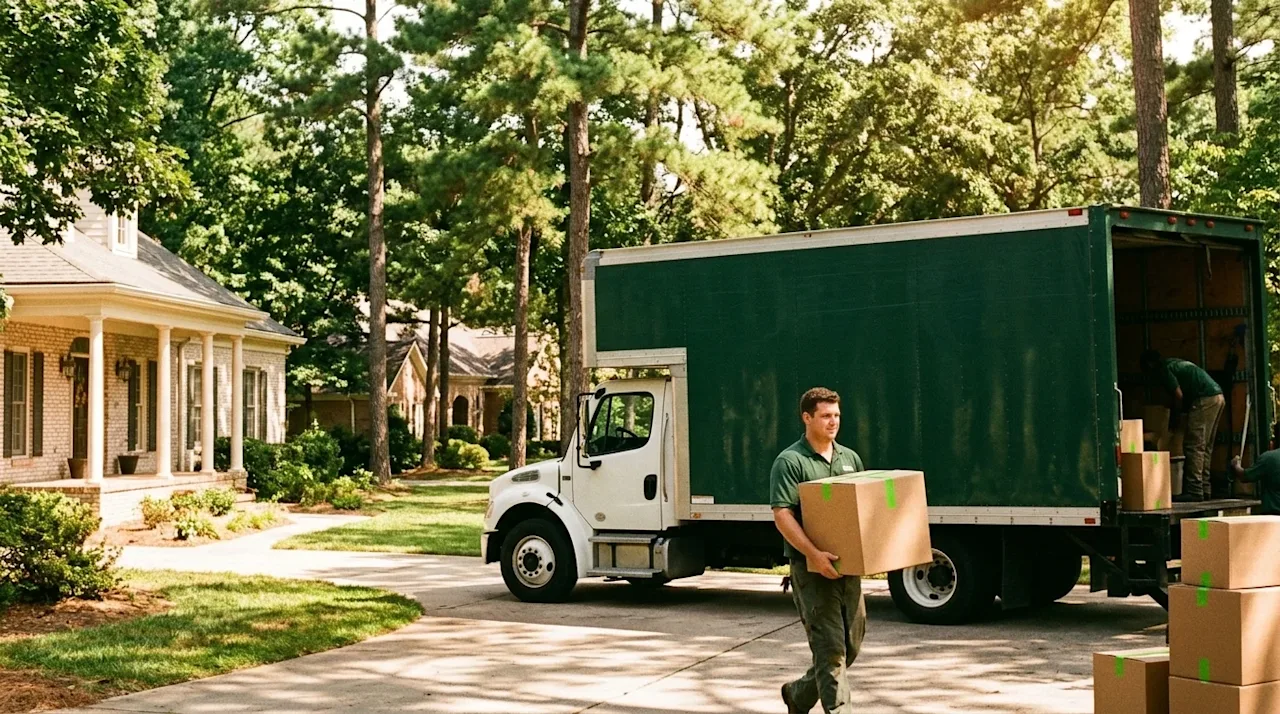 Candid lifestyle photography of a bright summer moving day in a lush, tree-lined suburban neighborhood. A large moving truck