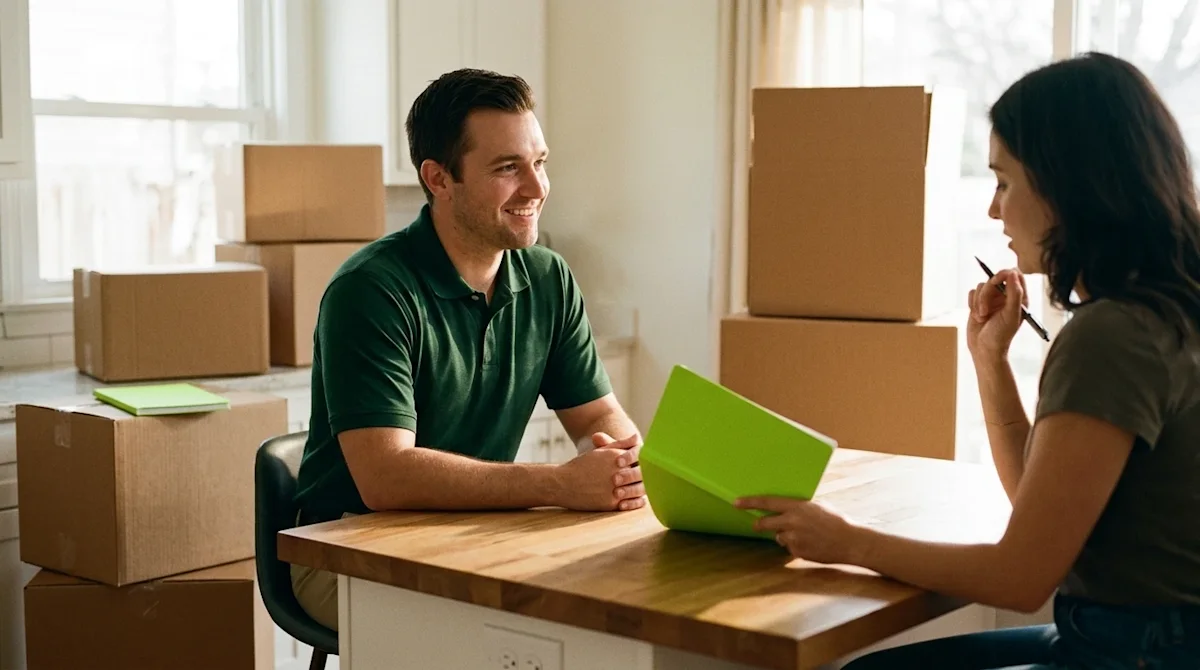 Lifestyle photography of a professional moving consultation in a warm, inviting home interior. A friendly moving expert weari