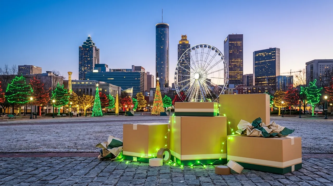 Holiday moving boxes in Centennial Olympic Park with the Atlanta skyline and Ferris wheel at twilight