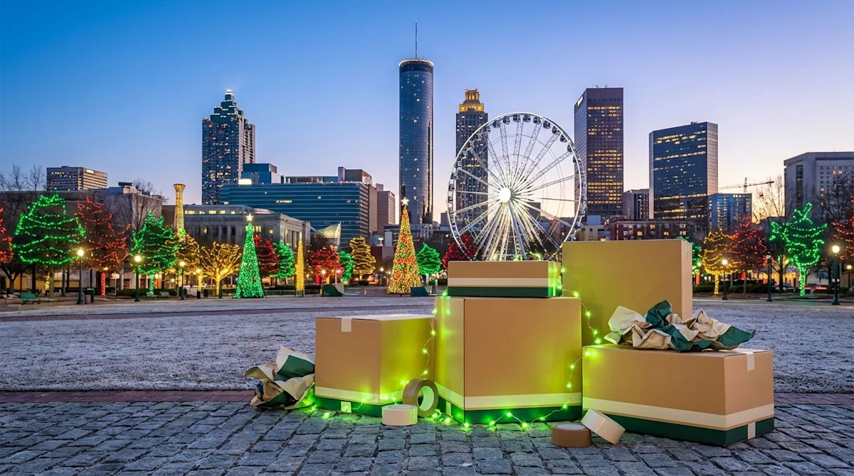Holiday moving boxes in Centennial Olympic Park with the Atlanta skyline and Ferris wheel at twilight
