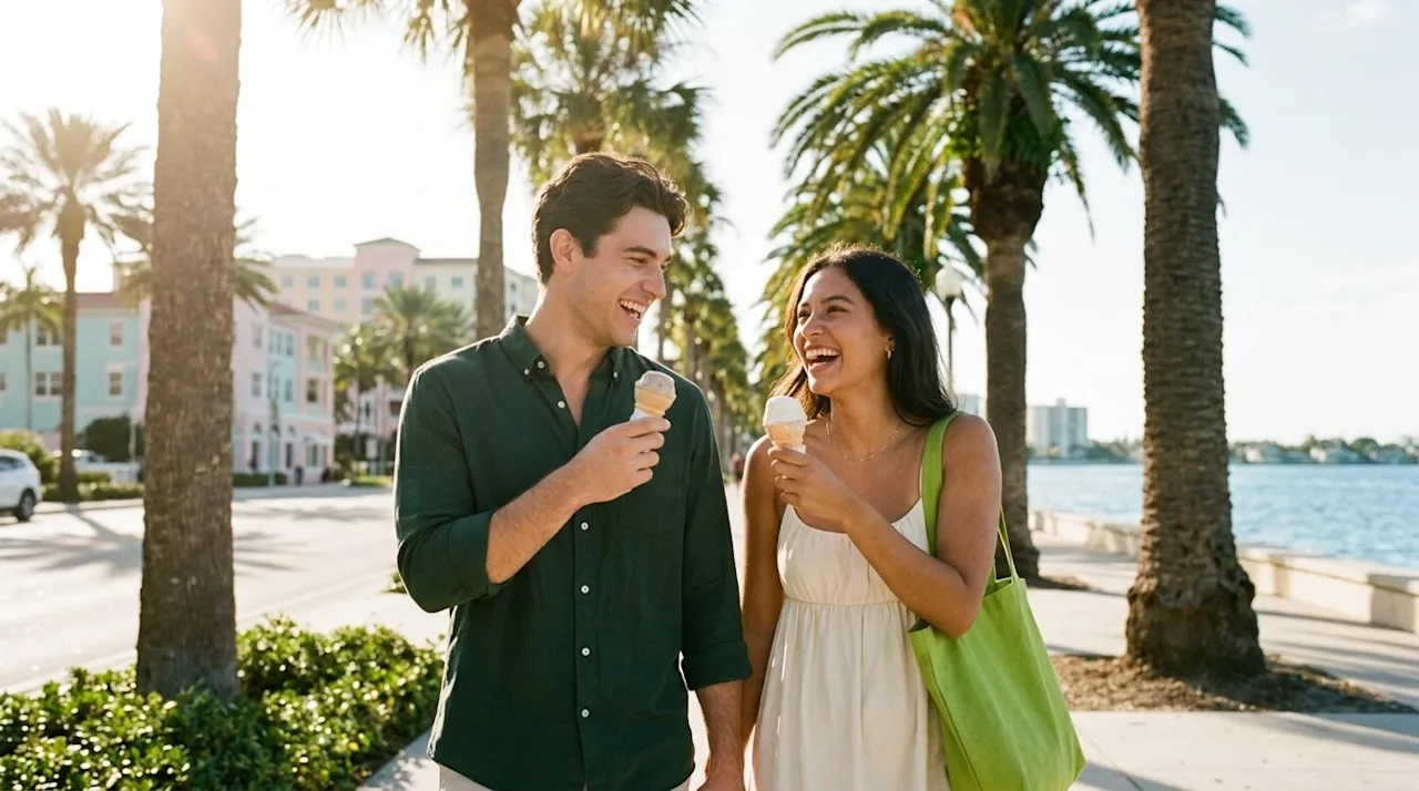 Professional lifestyle marketing photography of a joyful young couple enjoying a budget-friendly sunny afternoon in West Palm