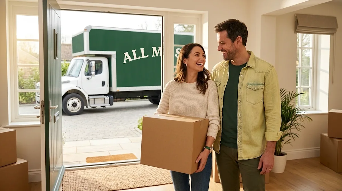 Professional marketing photography, a cheerful couple standing in the bright, sunlit entryway of a beautiful new home, symbol