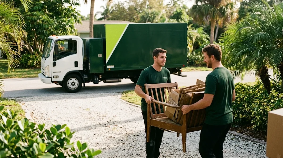 A candid, documentary-style 35mm film photograph of a friendly professional junk removal crew working outside a sunny home in
