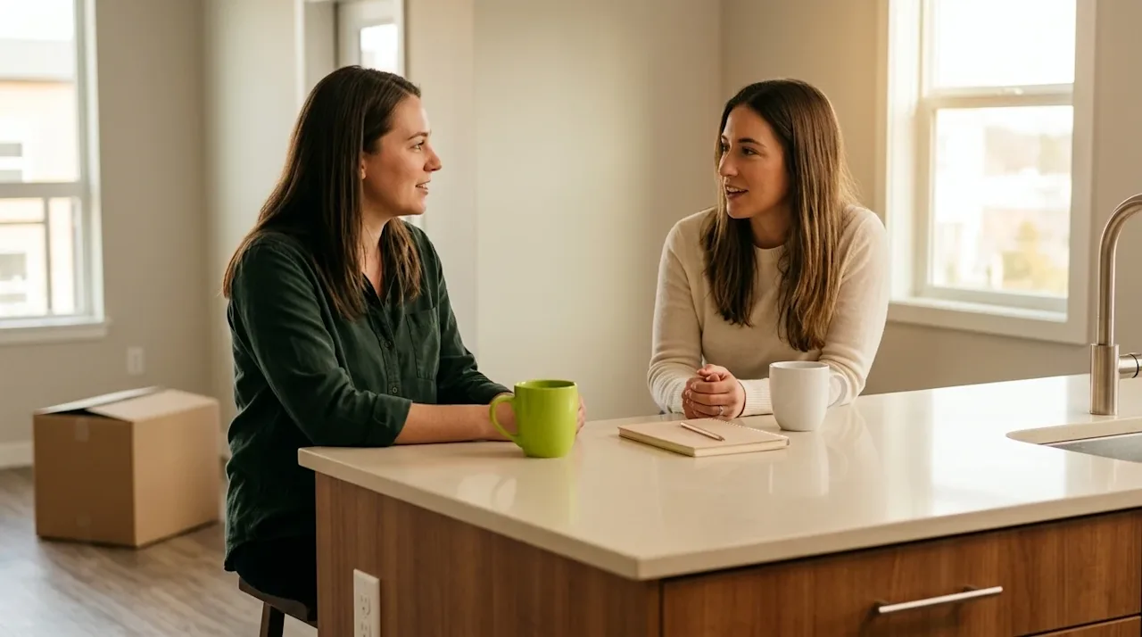 Professional marketing photography of two young adult roommates having a friendly, constructive conversation over coffee at a