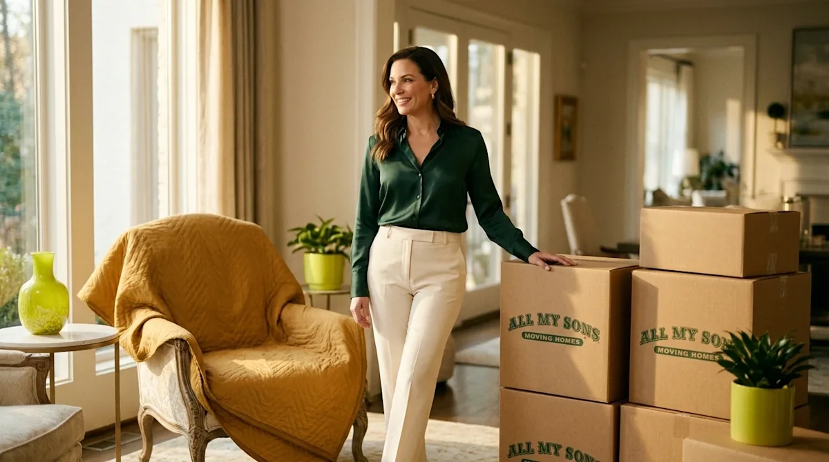 Editorial lifestyle photography, 35mm film aesthetic. A glamorous, stylish woman in her 40s exuding confidence and relief, st