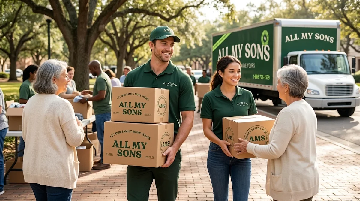 Clear, professional marketing photography of two friendly, robust movers volunteering at a local outdoor community event. The