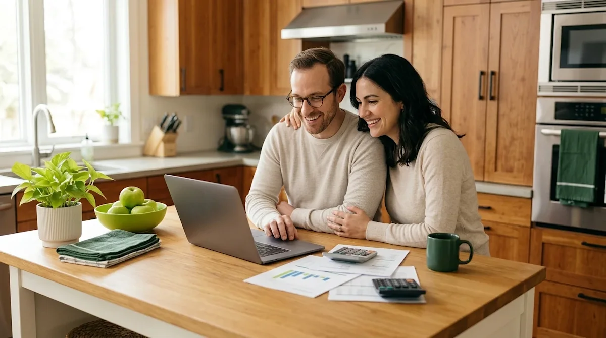 Clear and professional marketing photography of a relieved, happy couple sitting together at a warm wooden kitchen island in