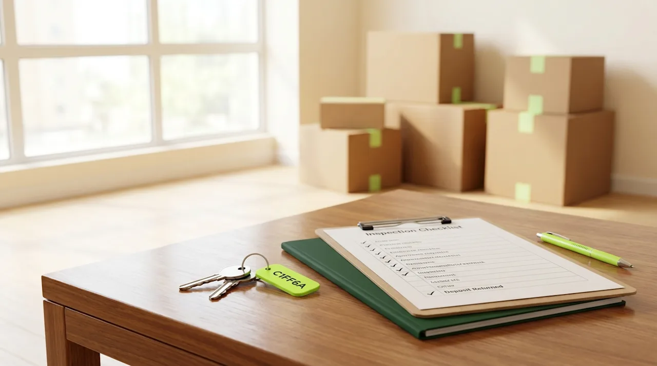 Keys and an apartment inspection checklist on a table in an empty room, symbolizing getting a security deposit back.