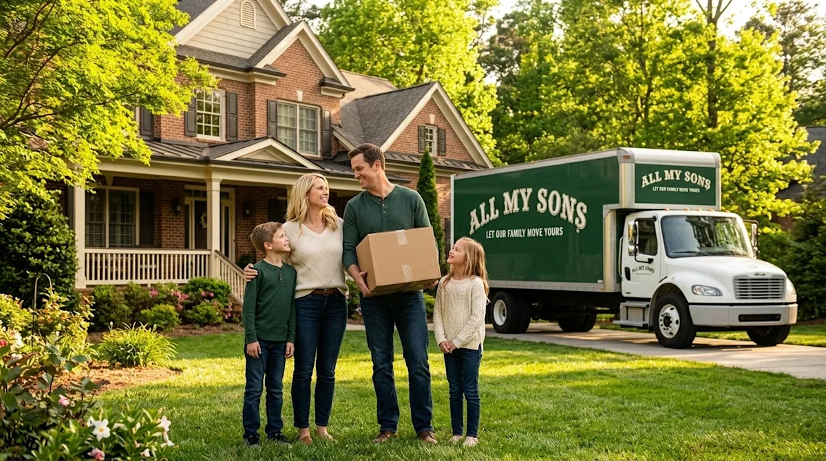 Clear, professional marketing lifestyle photography of a happy, relaxed family standing in the front yard of a beautiful, cla