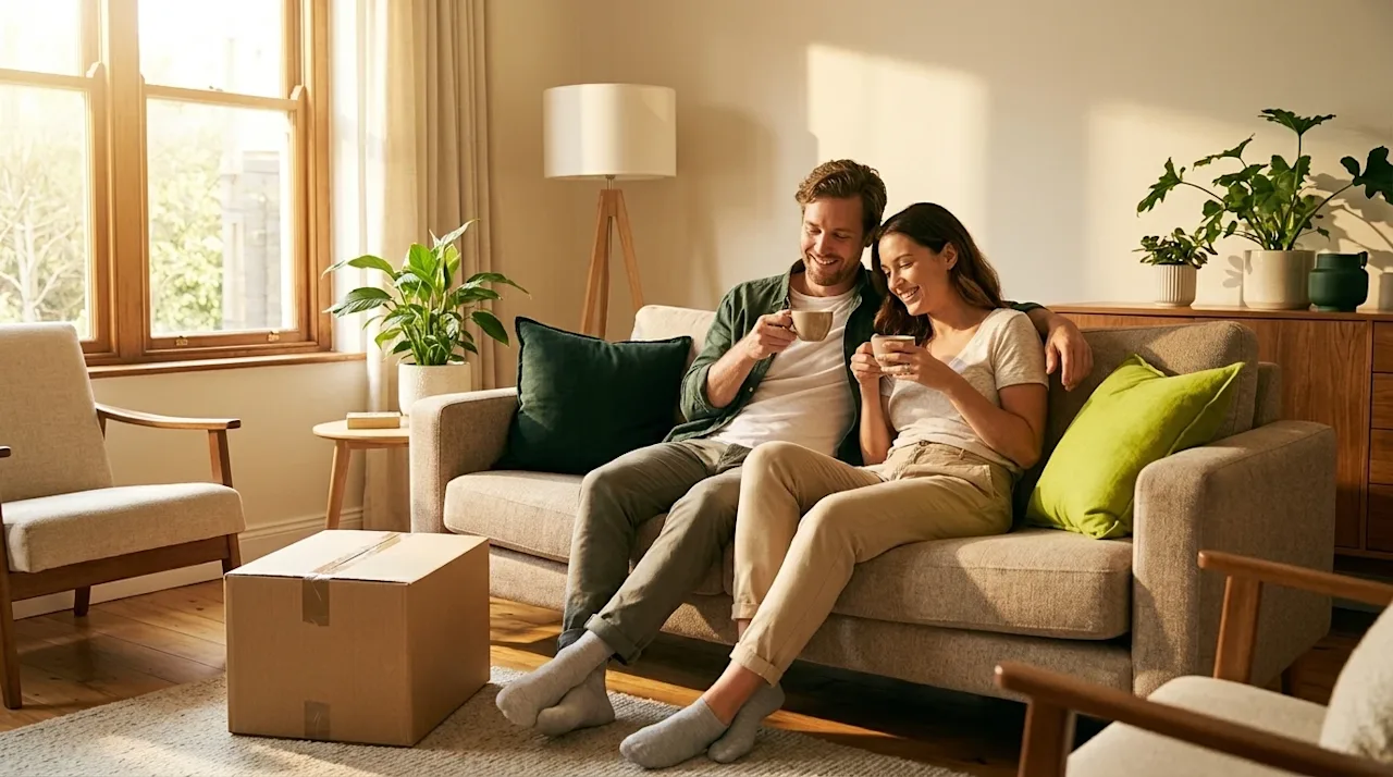 Professional marketing lifestyle photography of a relaxed, smiling couple sitting comfortably on a cozy sofa in a warm, sunli