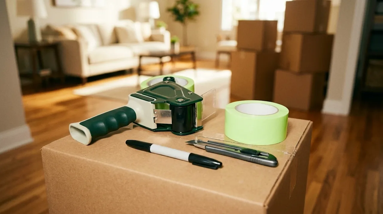 A close-up lifestyle photograph of a professional packer's tools resting on top of a clean, unbranded cardboard moving box. T