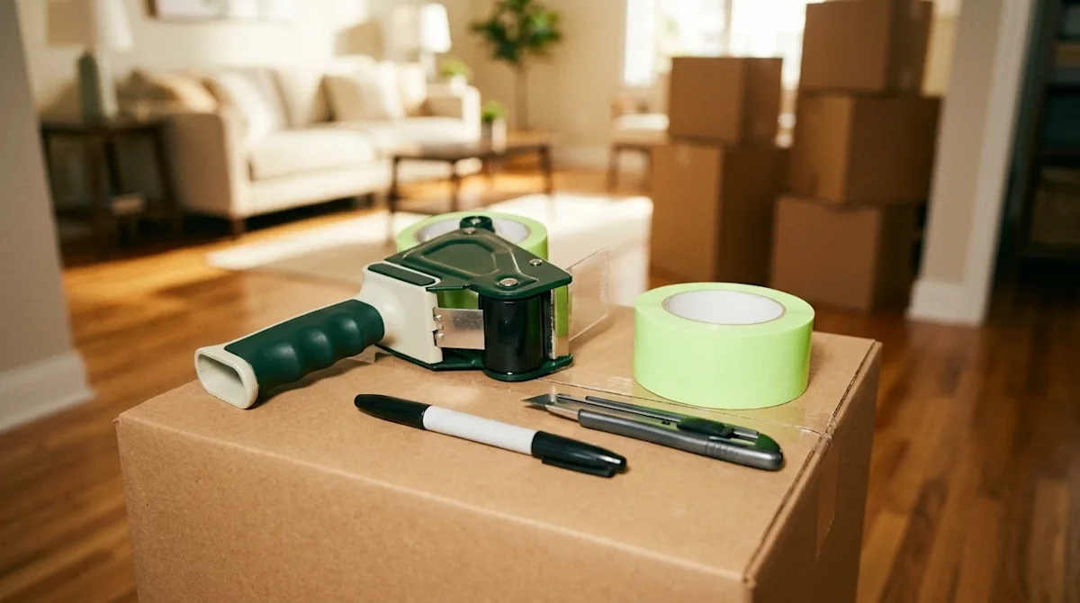 A close-up lifestyle photograph of a professional packer's tools resting on top of a clean, unbranded cardboard moving box. T