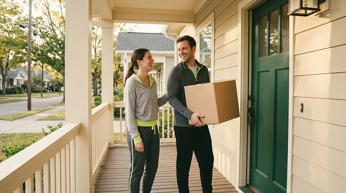 Professional lifestyle marketing photography of a happy couple arriving at their charming new home in Little Rock. They are s
