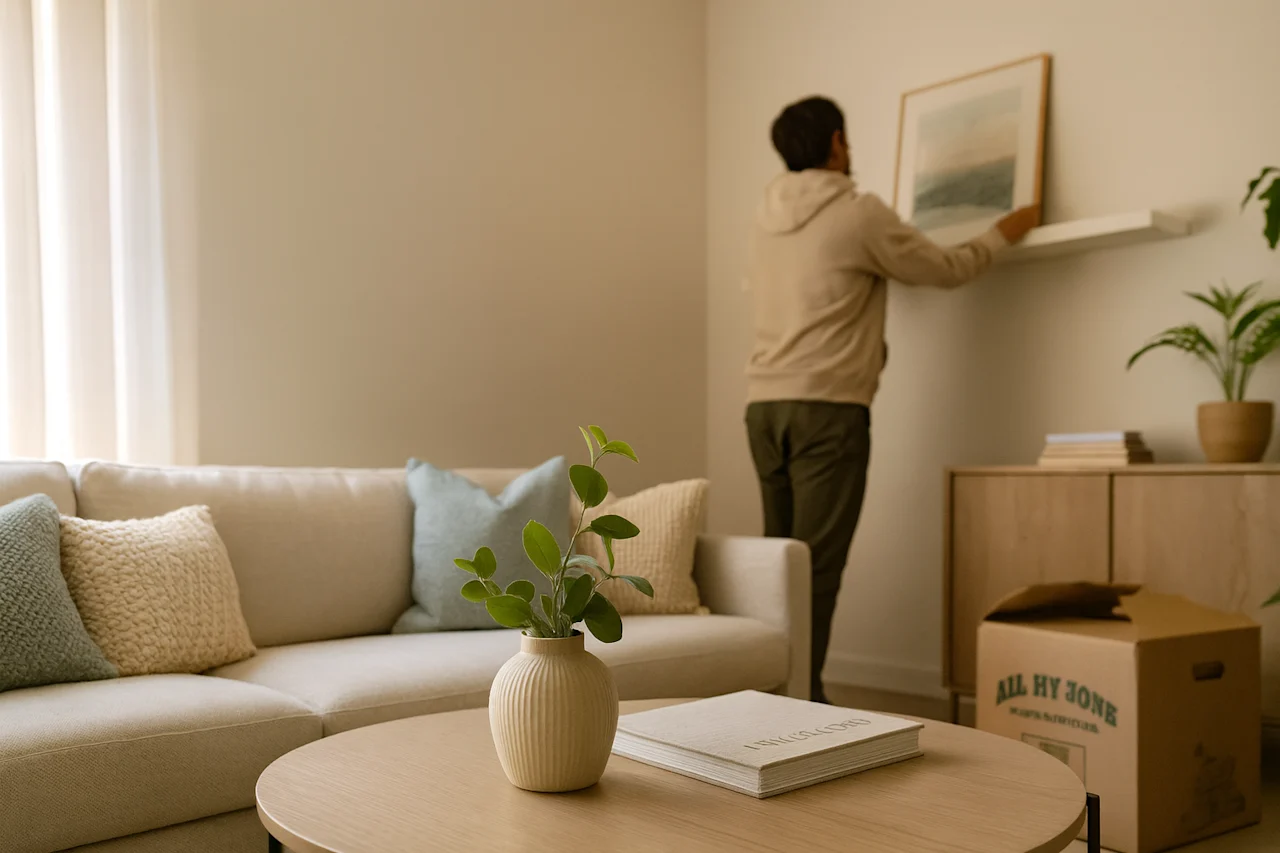 A person carefully hangs art, settling into a new home. An All My Sons moving box nearby emphasizes our seamless, stress-free moving services.