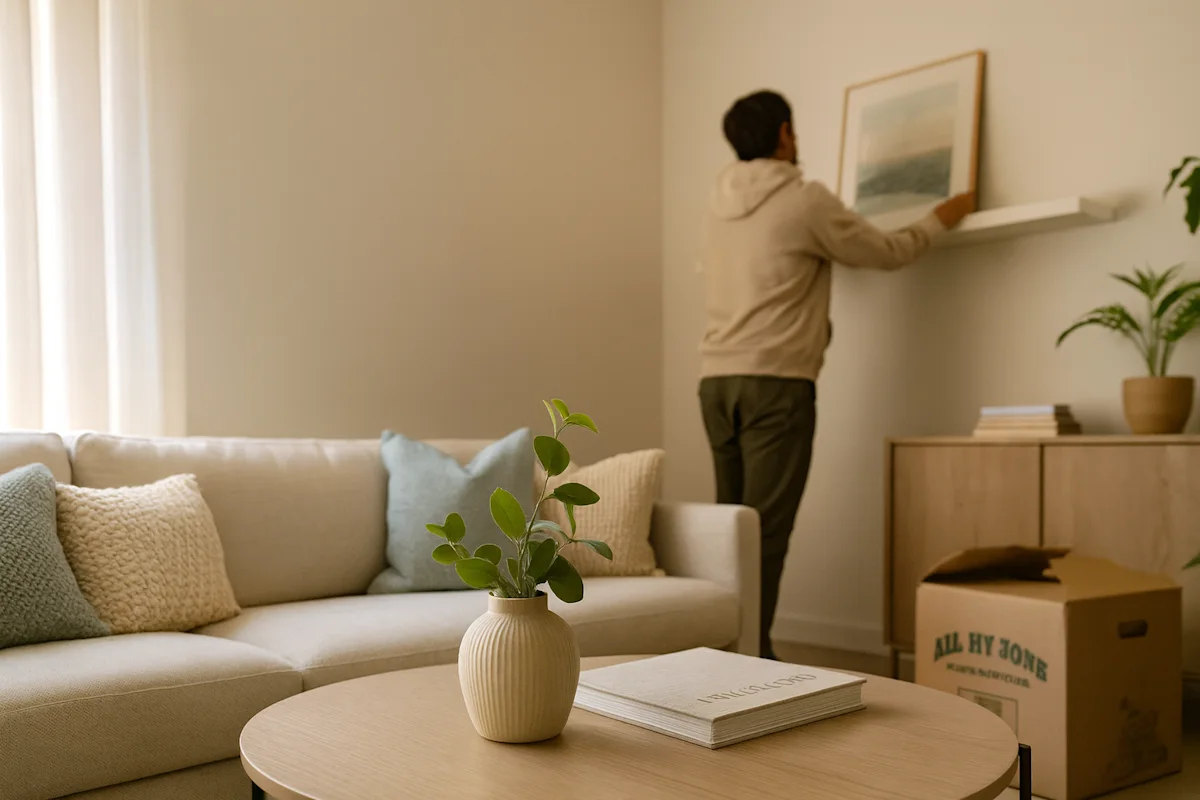 A person carefully hangs art, settling into a new home. An All My Sons moving box nearby emphasizes our seamless, stress-free moving services.