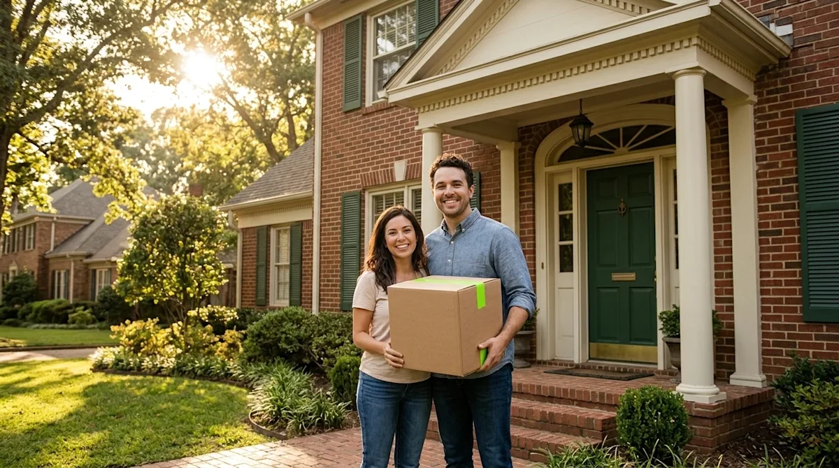 Professional marketing photography of a happy couple standing on the welcoming front porch of a classic Memphis-style brick h