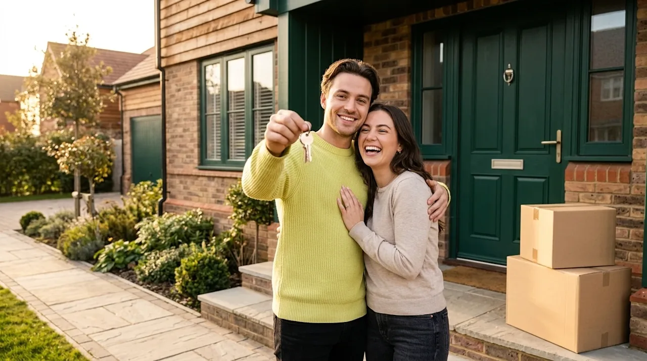 Professional marketing photography of a happy couple standing proudly on the front porch of a beautiful newly purchased home,