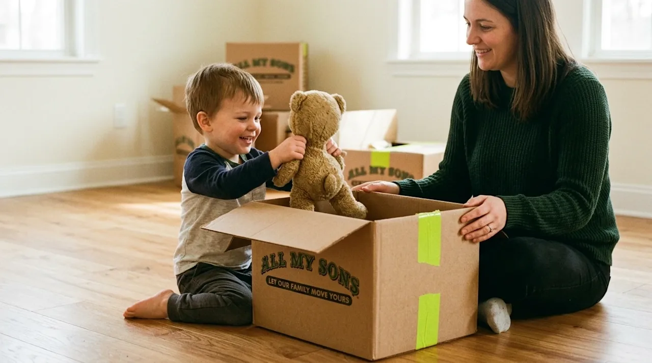 Candid lifestyle photography of a happy young child sitting on a warm wood floor in a new home, enthusiastically unpacking a