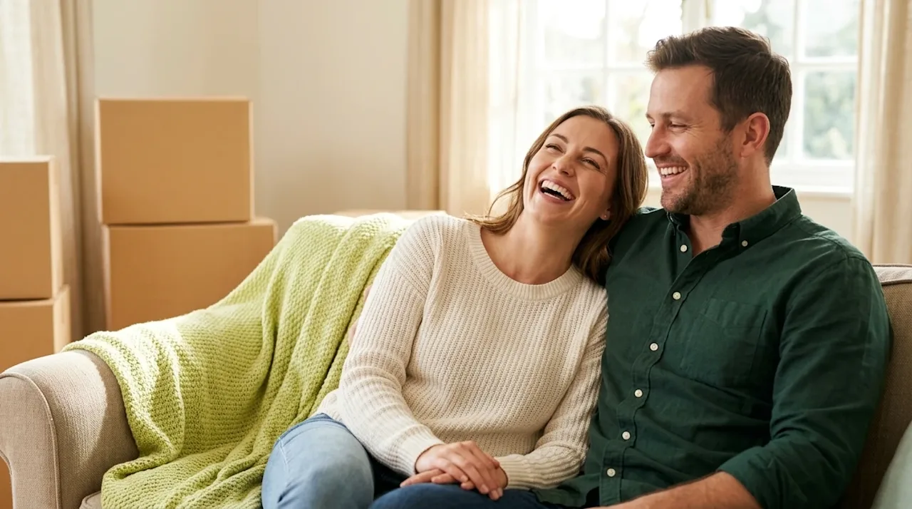 A candid lifestyle photograph of a happy, relaxed couple sitting warmly together on a comfortable sofa in the bright, sunlit