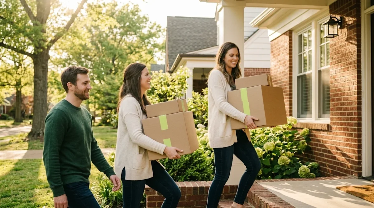 Professional marketing photography of a happy couple carrying a few cardboard moving boxes onto the welcoming front porch of