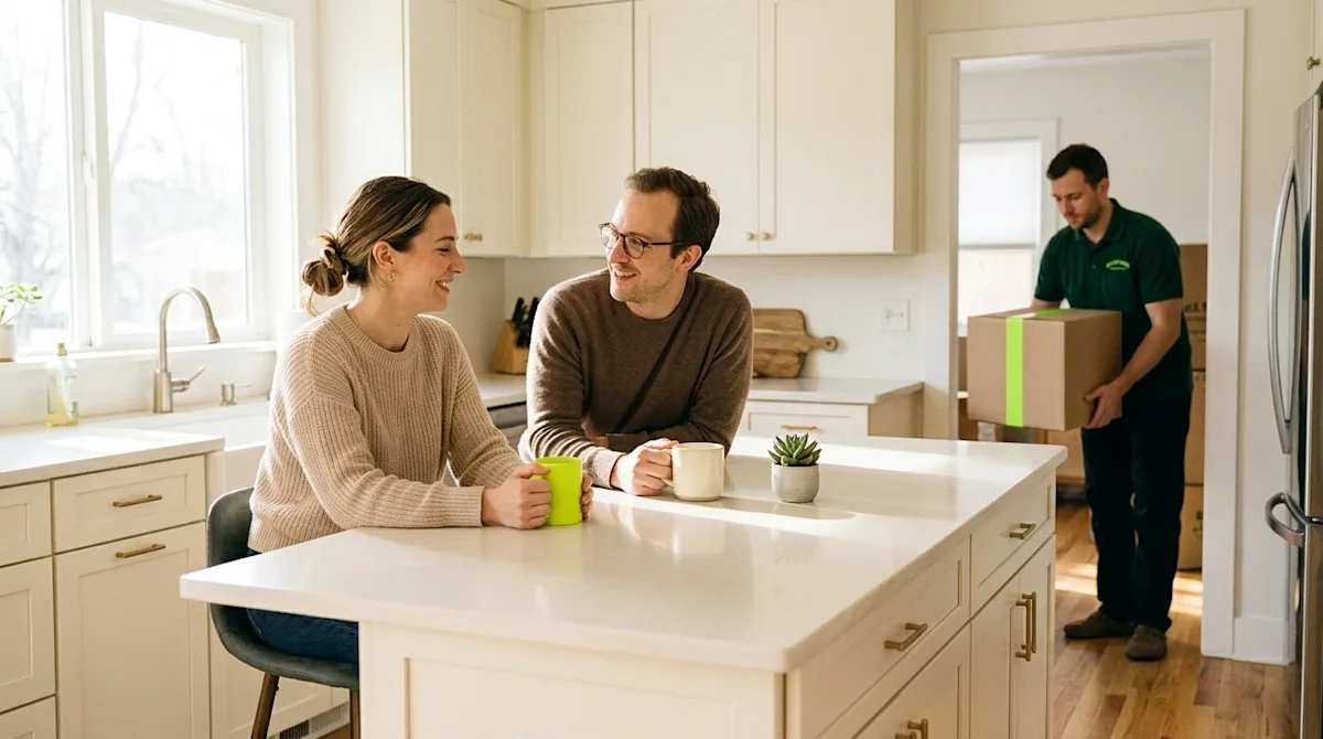 Clear, professional marketing photography of a happy, relaxed couple sitting at a bright, cream-colored kitchen island in the