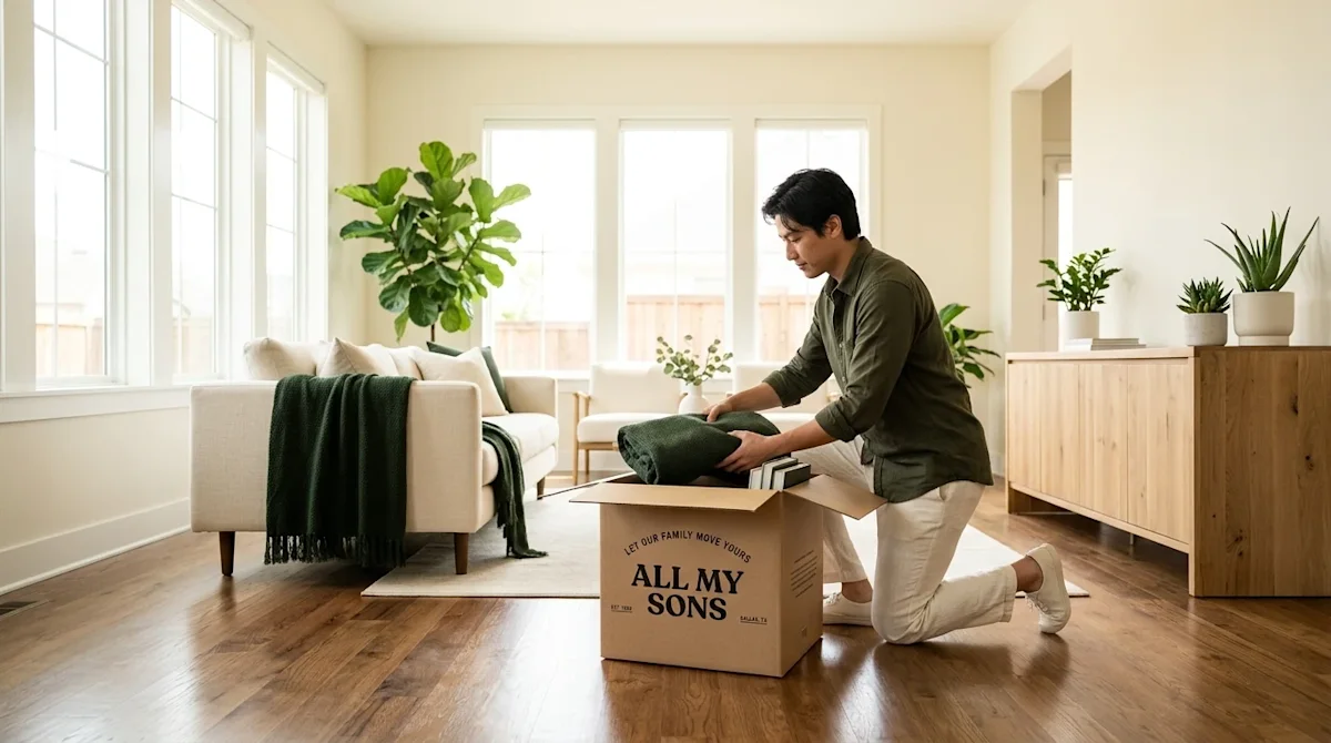 Professional lifestyle marketing photography of a bright, impeccably organized modern living room demonstrating a clutter-fre