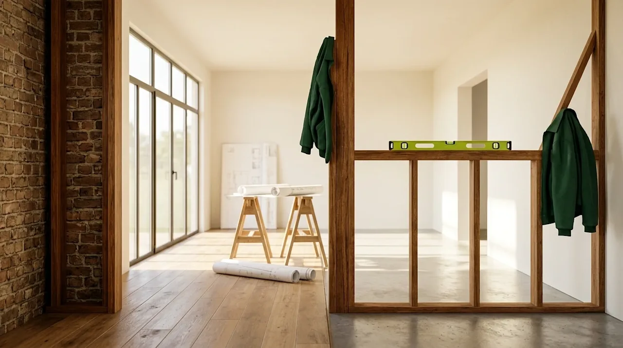 Professional marketing photography of a beautiful home interior under construction, symbolizing both past and present archite