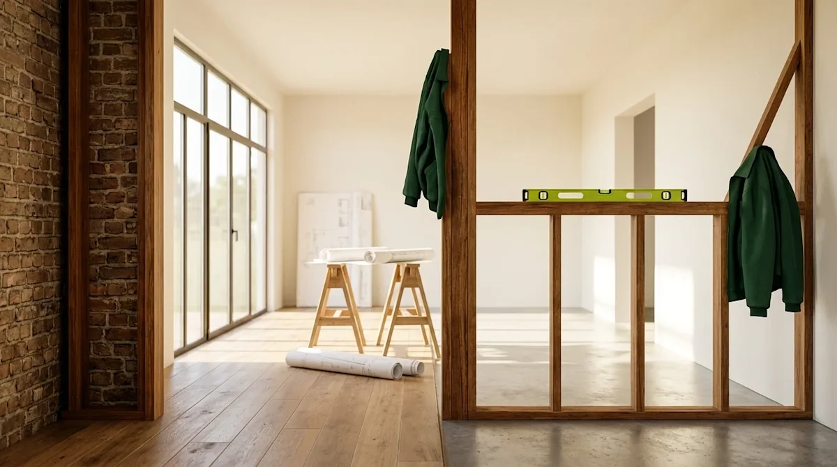 Professional marketing photography of a beautiful home interior under construction, symbolizing both past and present archite