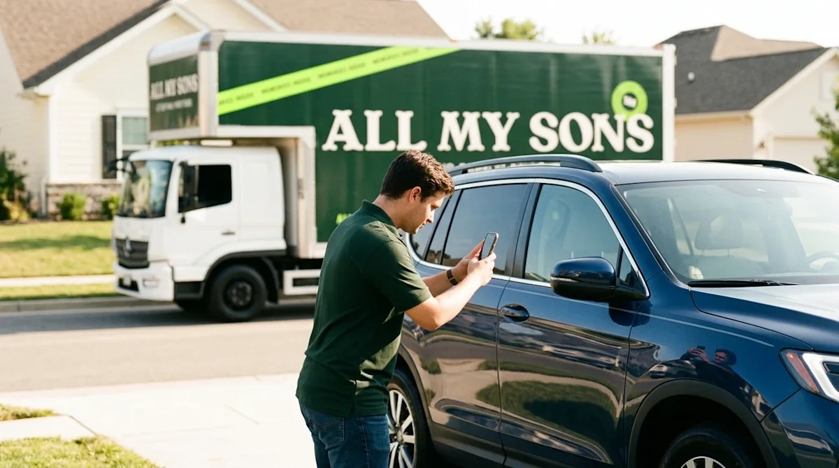 A person thoroughly inspecting and taking photos of a clean family SUV in a brightly lit suburban neighborhood.
