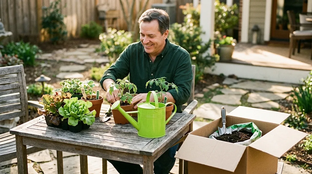 Professional marketing photography, warm 35mm film aesthetic, candid lifestyle shot. A happy homeowner in a sunlit, welcoming