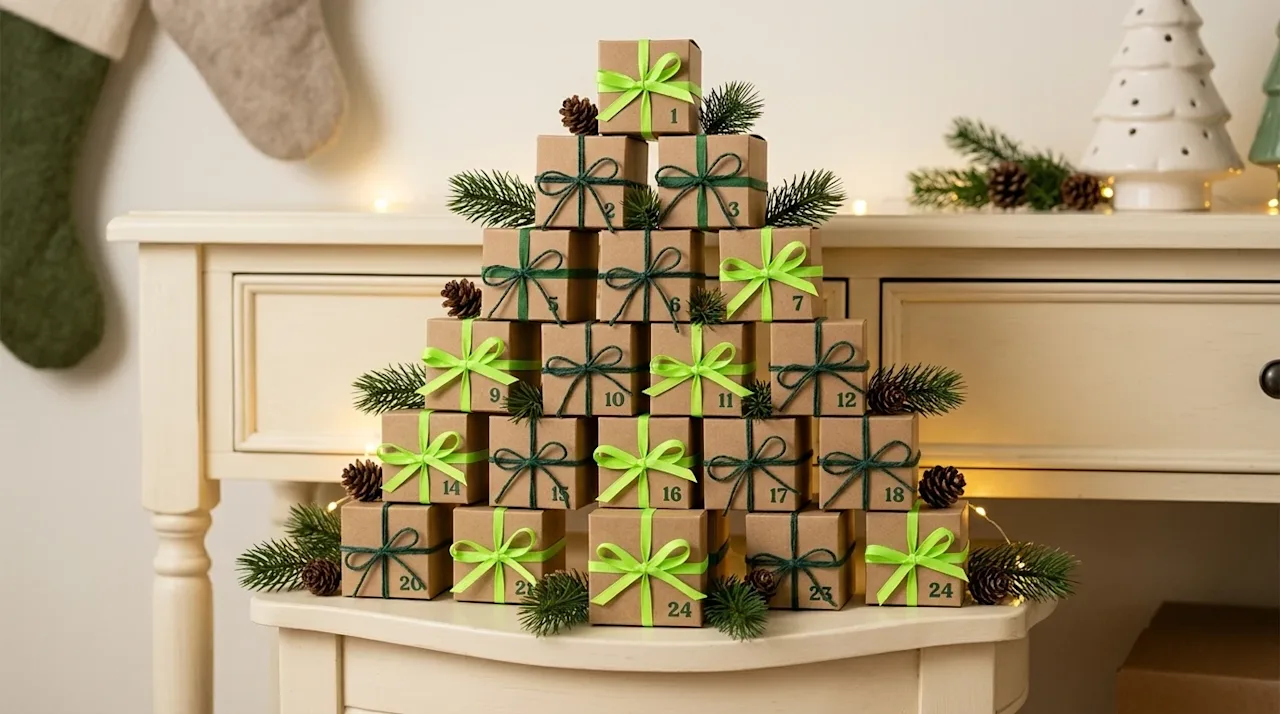 Clear and professional marketing photography of a creative DIY holiday advent calendar. The advent calendar is cleverly craft