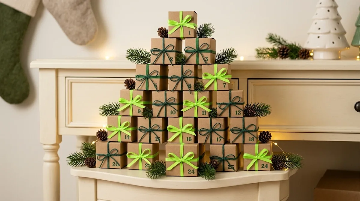 Clear and professional marketing photography of a creative DIY holiday advent calendar. The advent calendar is cleverly craft