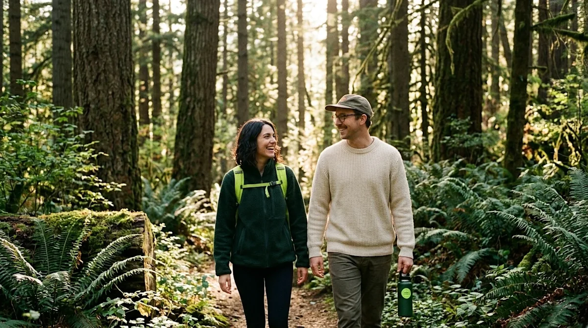 Clear, professional marketing photography of a happy, relaxed couple hiking along a lush, fern-lined forest trail in Portland